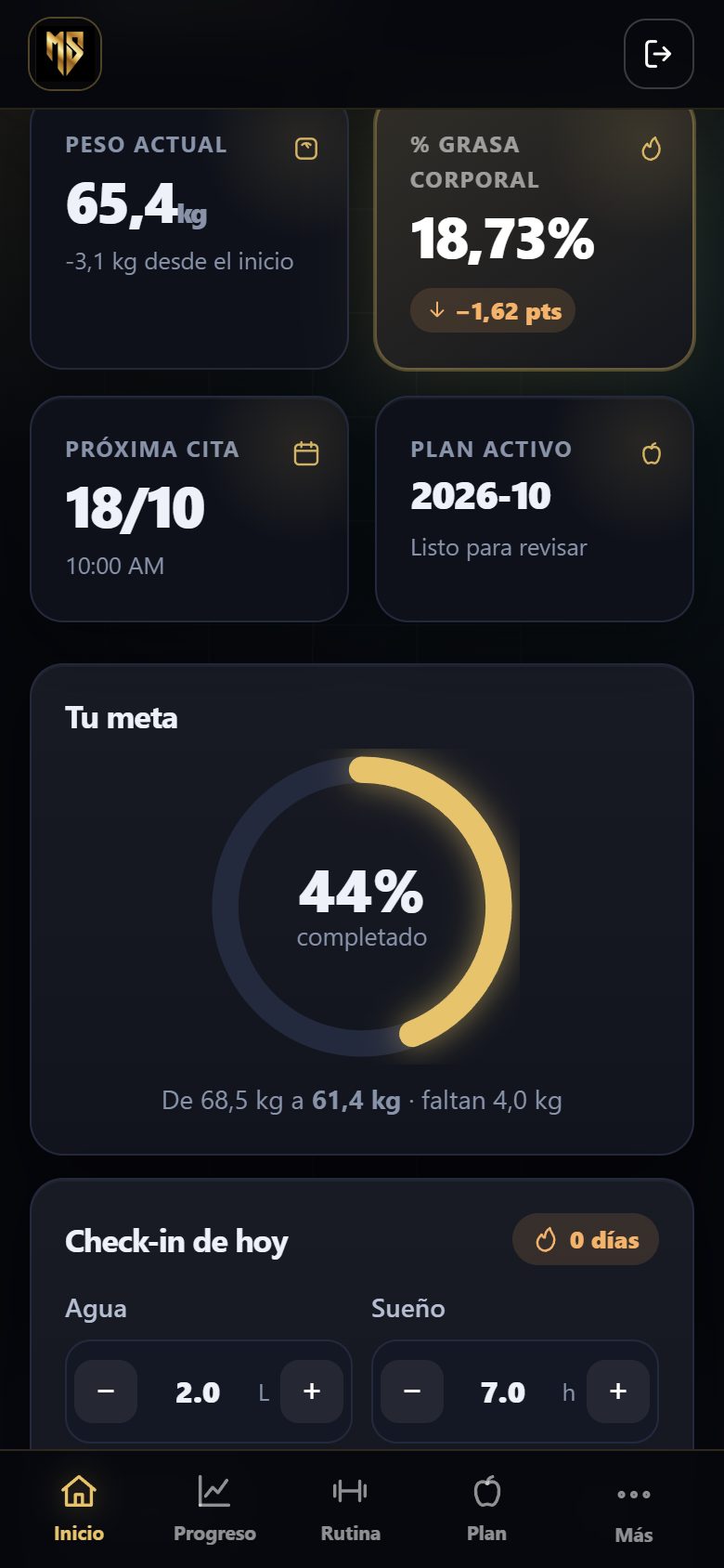 Inicio de la app con meta, check-in diario y logros