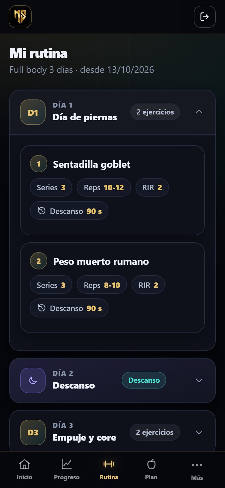 Rutina organizada por días